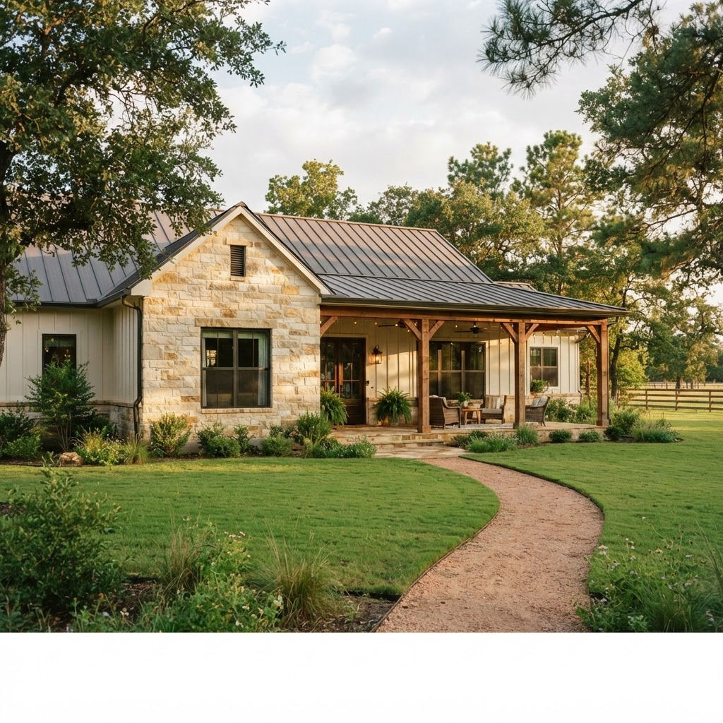 A welcoming Texas country-living home with mature trees