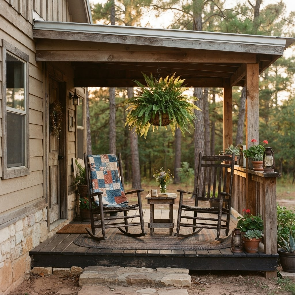 A peaceful covered country porch with rocking chairs and a quilt in warm afternoon light
